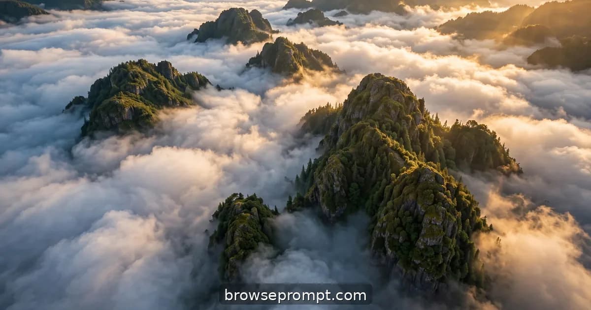 Aerial nature cover art: a drone glides above a temperature inversion, island peaks rising from a solid ocean of cloud.