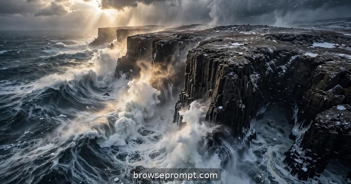 Aerial nature cover art: a winter storm hurls waves against black cliffs, the drone holding steady in the gale.