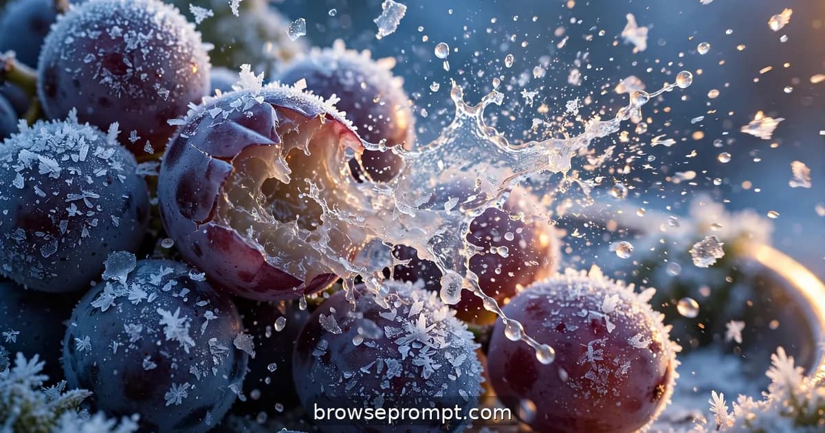 A cluster of frost-coated grapes sparkling, one bitten open releasing a burst of icy juice in slow motion.